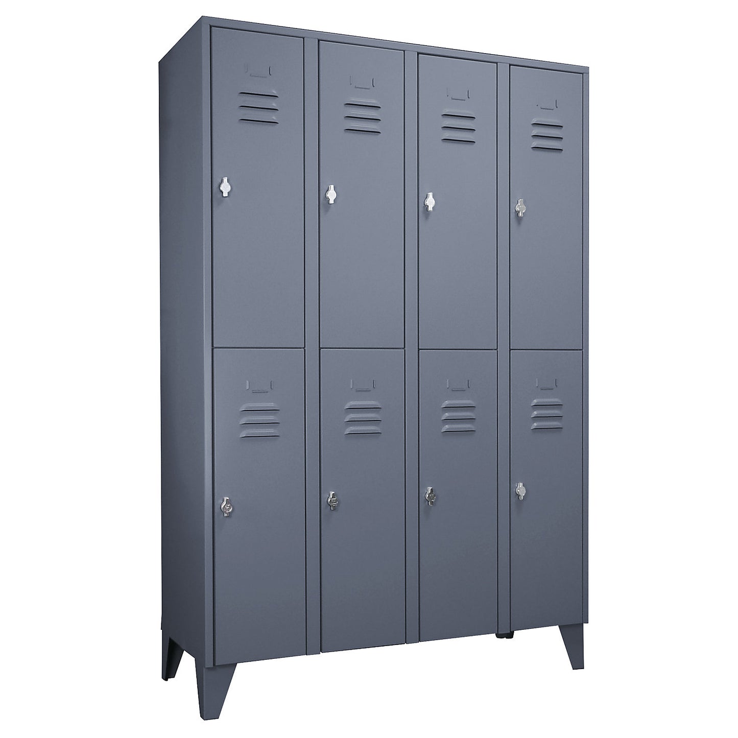 Berlin 2 double deck clothes locker, 4 compartments, blue grey, width 1200 mm, flat roof shape.