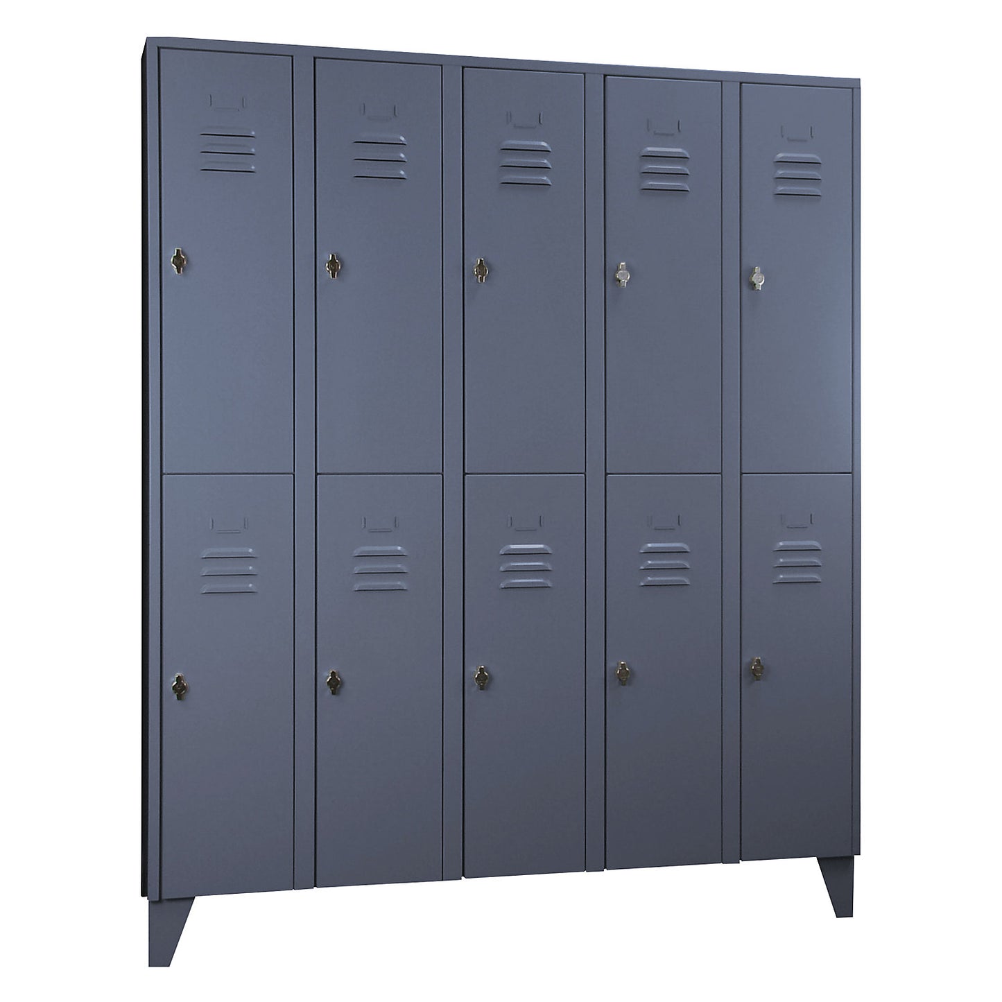 Berlin 2 double deck clothes locker, 5 compartments, blue grey, width 1500 mm, flat roof shape.
