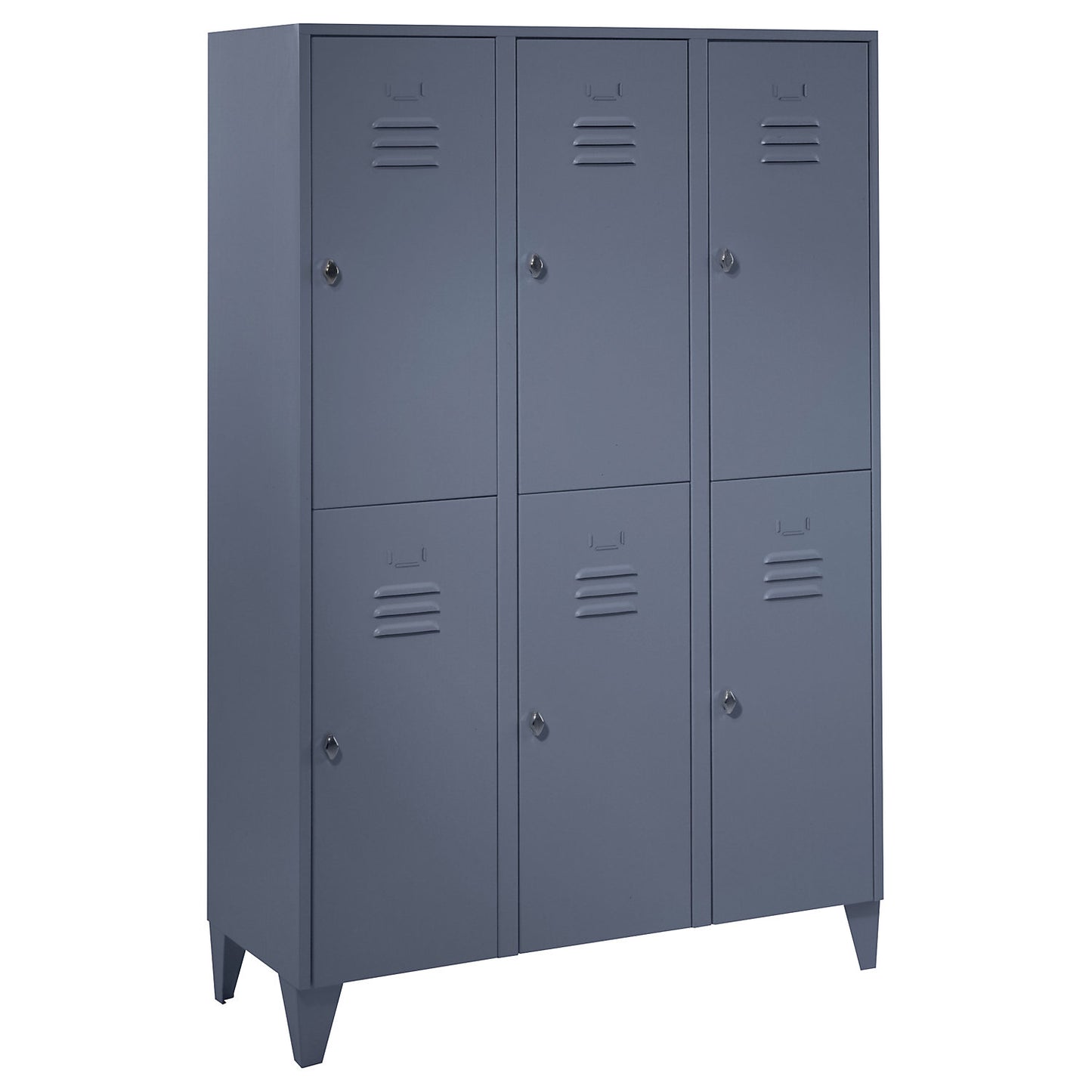 Berlin 2 double deck clothes locker, 3 compartments, blue grey, width 1200 mm, flat roof shape.