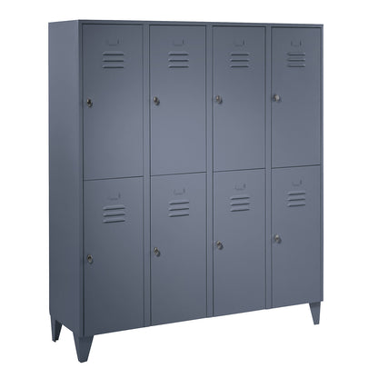 Berlin 2 double deck clothes locker, 4 compartments, blue grey, width 1600 mm, flat roof shape.