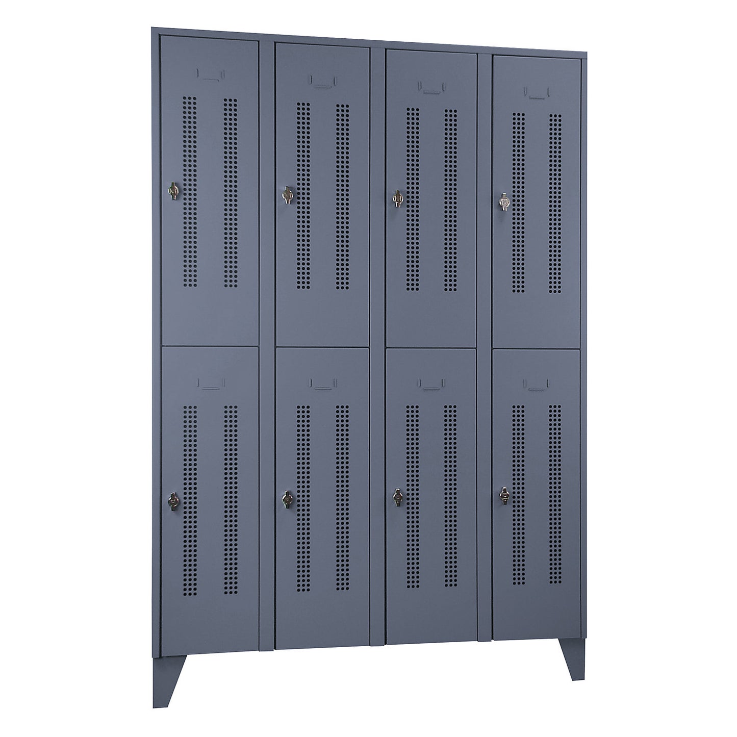 Berlin 1 double deck clothes locker, 4 sections, blue grey, width 1200 mm, 8 compartments.