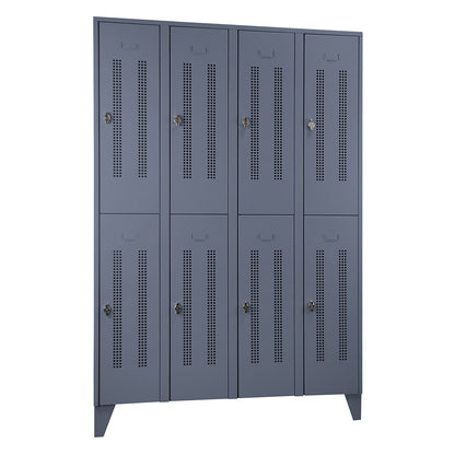 Berlin 1 double deck clothes locker, 4 sections, blue grey, width 1200 mm, 8 compartments.
