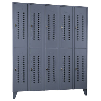 Berlin 1 double deck clothes locker, 5 sections, blue grey, width 1500 mm, 10 compartments.