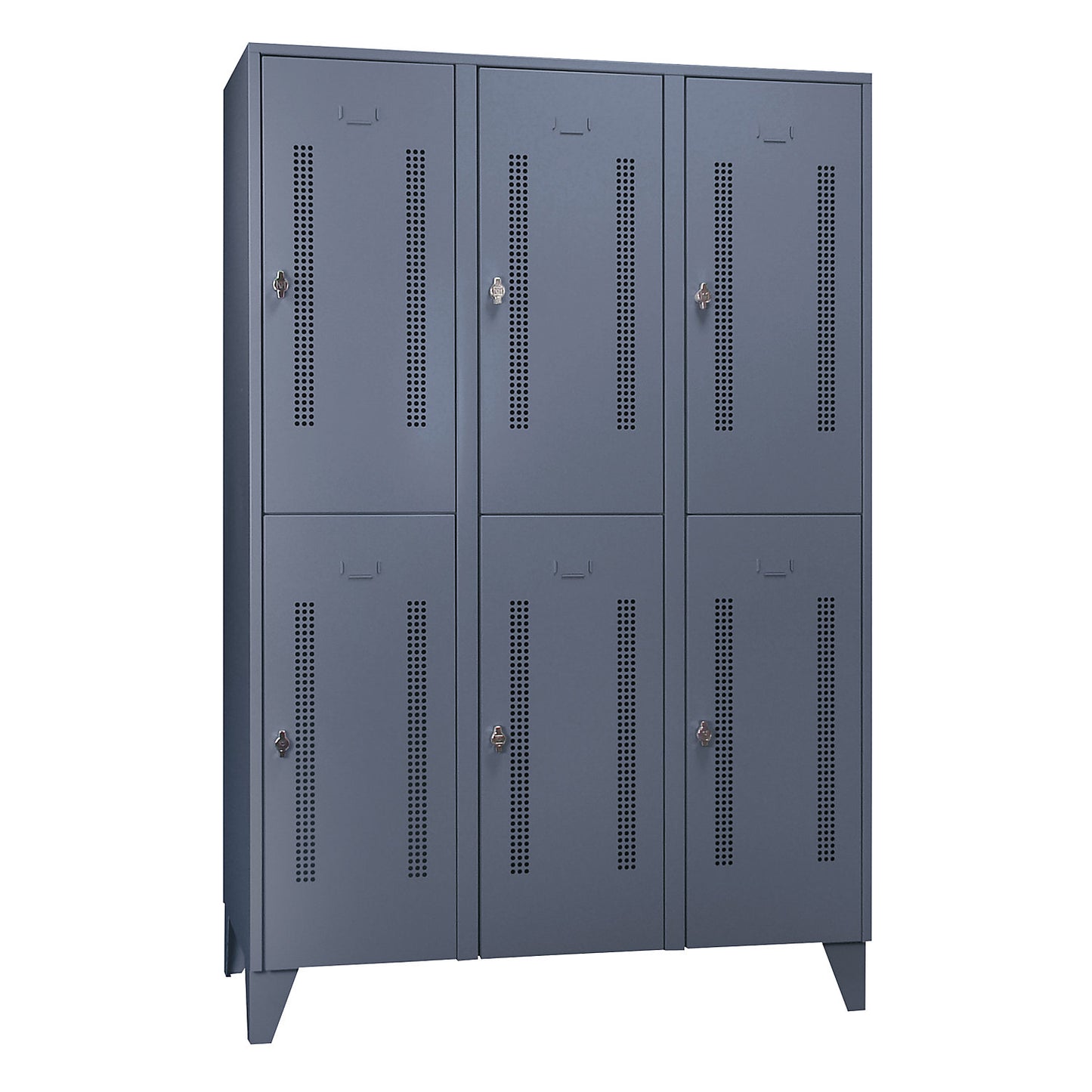 Berlin 1 double deck clothes locker, 3 sections, blue grey, width 1200 mm, 6 compartments.