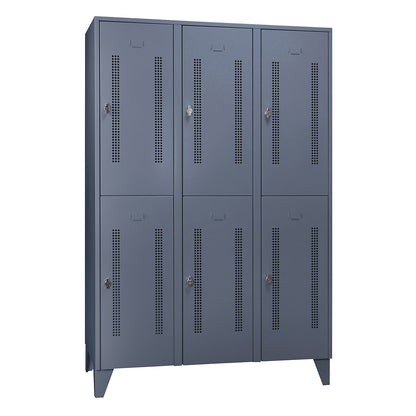 Berlin 1 double deck clothes locker, 3 sections, blue grey, width 1200 mm, 6 compartments.