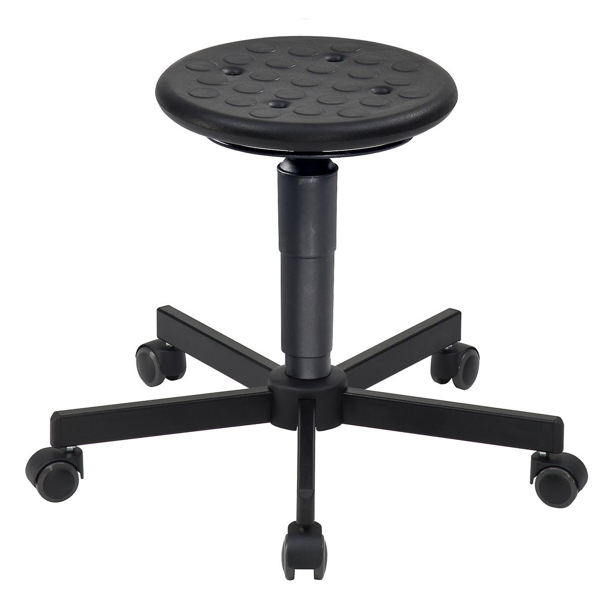 Swivel stools, gas lift height adjustment, release spring, polyurethane foam seat, with castors.