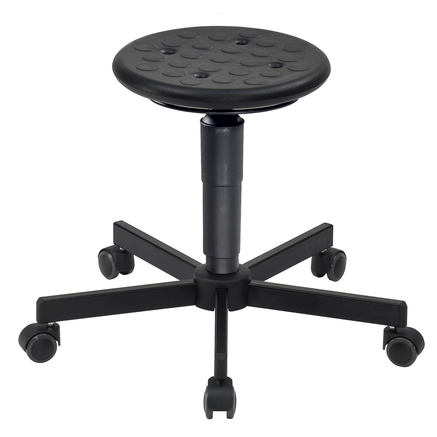 Swivel stools, gas lift height adjustment, release spring, polyurethane foam seat, with castors.