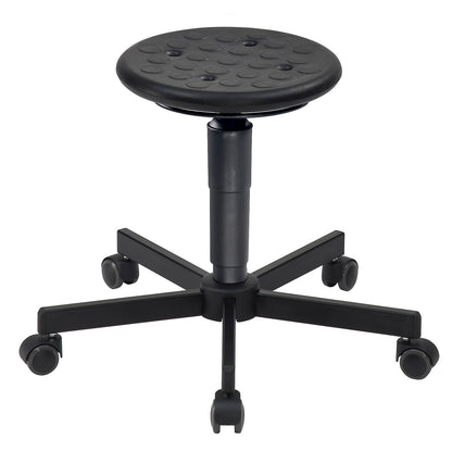 Swivel stools, gas lift height adjustment, release spring, polyurethane foam seat, with castors.