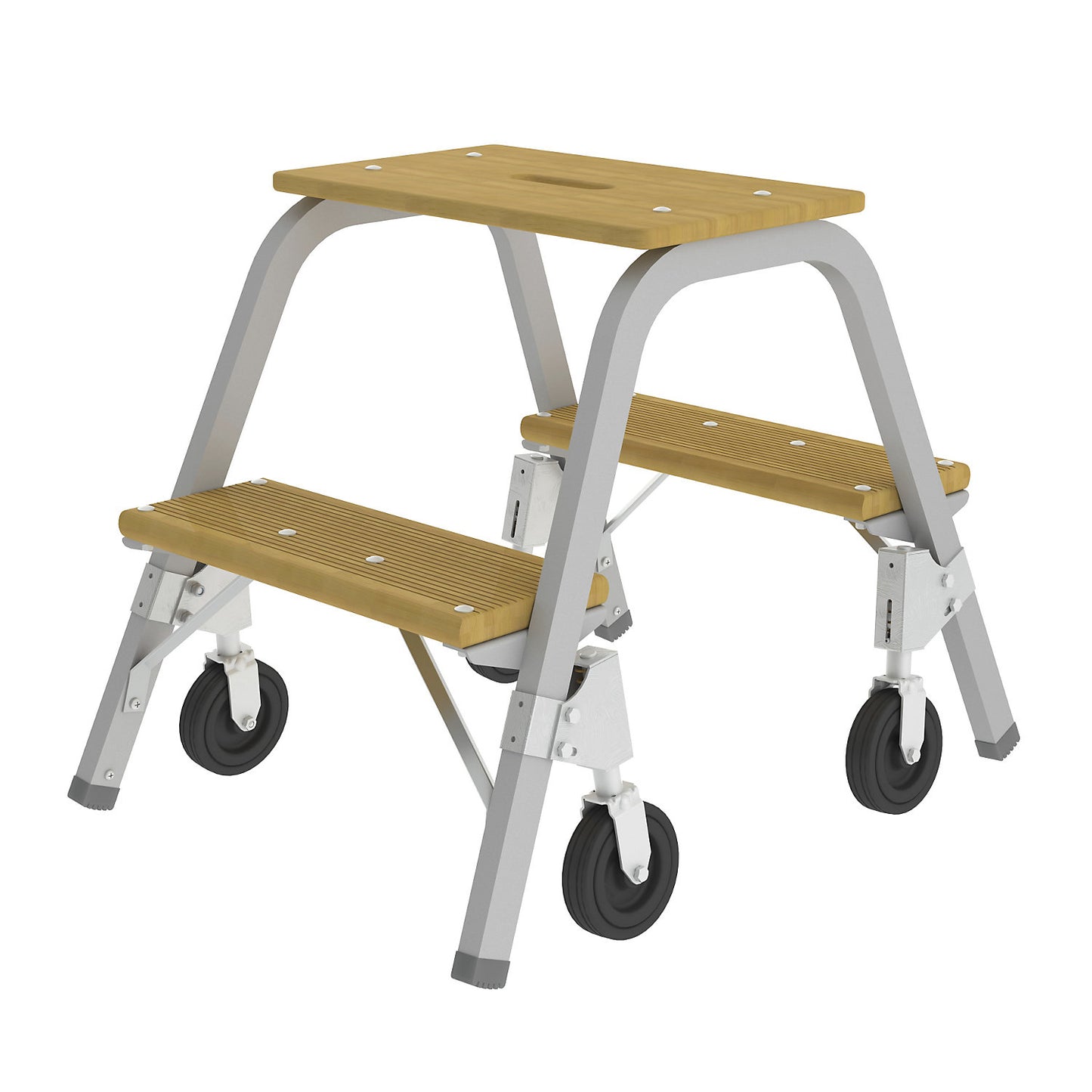 Tubular steel steps with wooden steps, with 4 braked castors, 2 steps incl. platform.