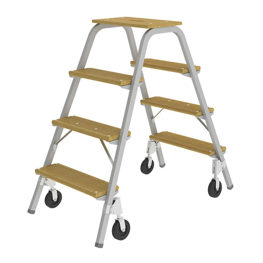 Tubular steel steps with wooden steps, with 4 braked castors, 4 steps incl. platform.