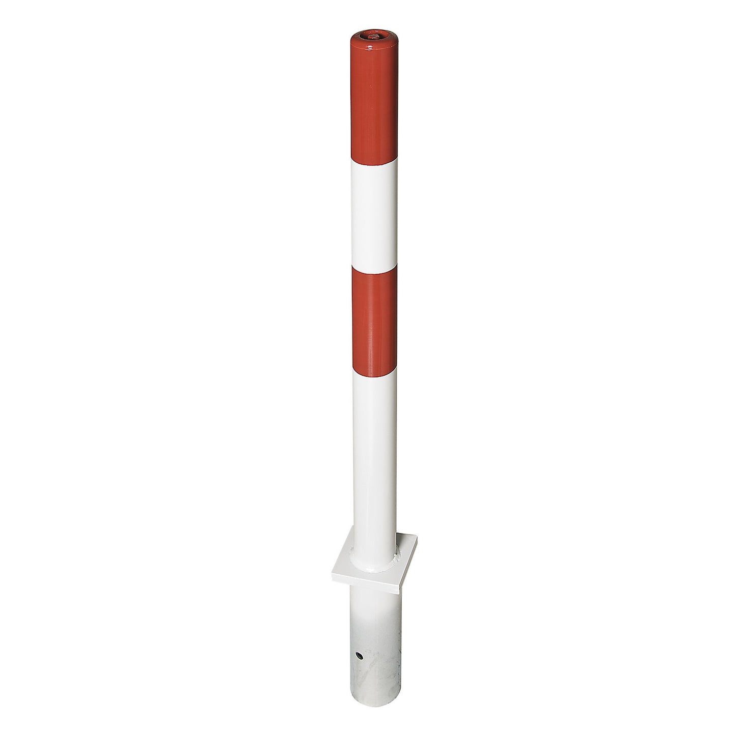 Barrier post made of tubular steel, red / white, for setting in concrete, Ø 76 mm, with triangle lock.
