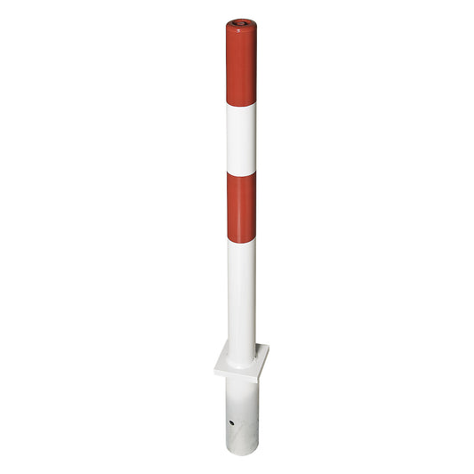 Barrier post made of tubular steel, red / white, for setting in concrete, Ø 76 mm, with triangle lock.