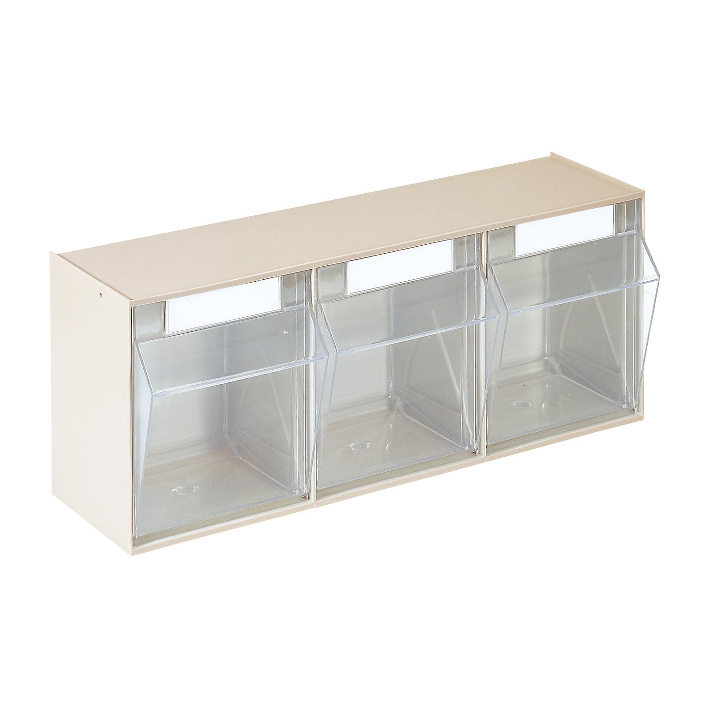 Visual storage container system, housing HxWxD 240 x 600 x 197 mm, 3 bins, sand beige.