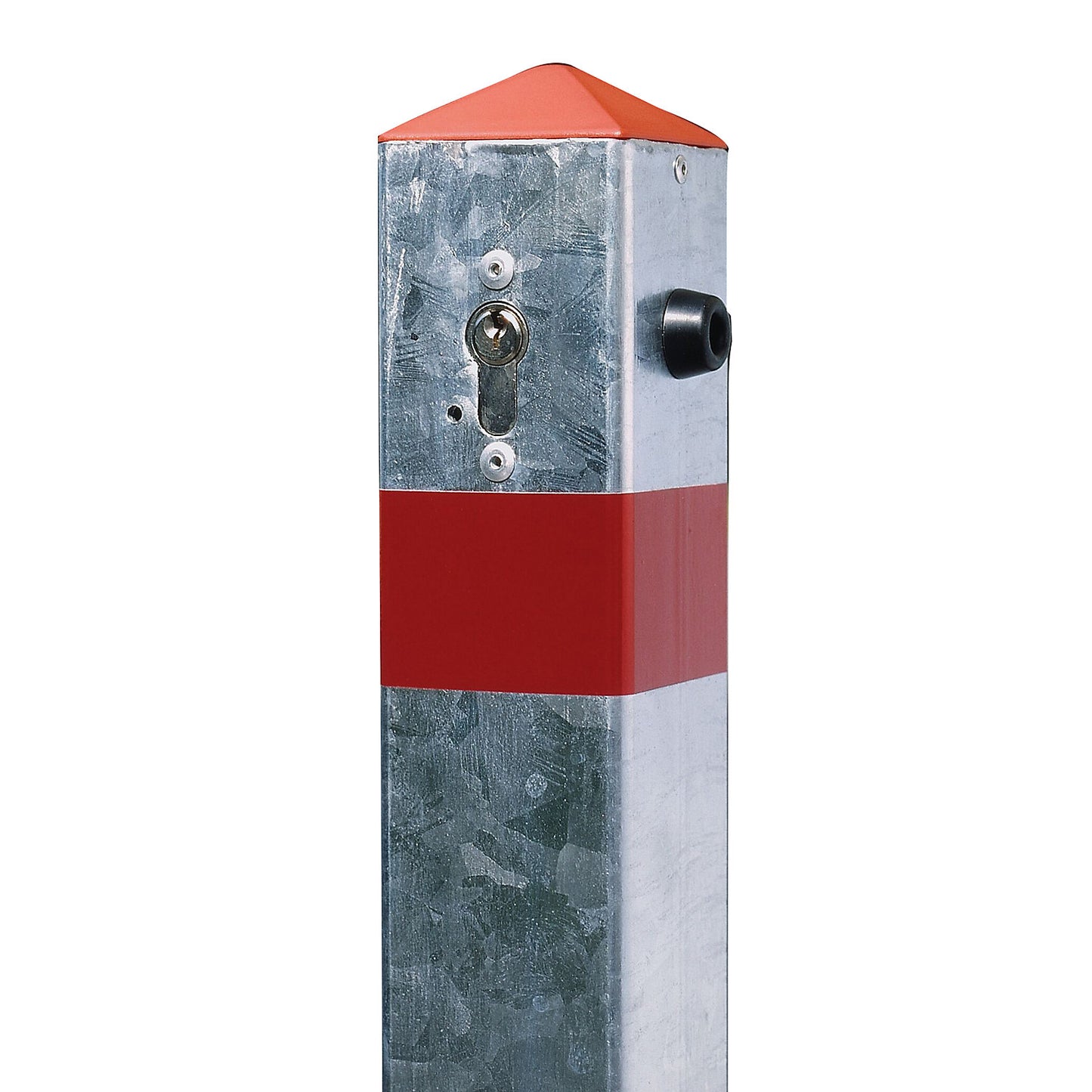 Barrier post made of tubular steel, tilting, with base plate, square, 70 x 70 mm.