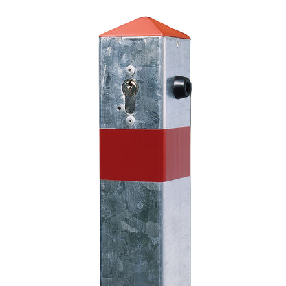 Barrier post made of tubular steel, tilting, with base plate, square, 70 x 70 mm.