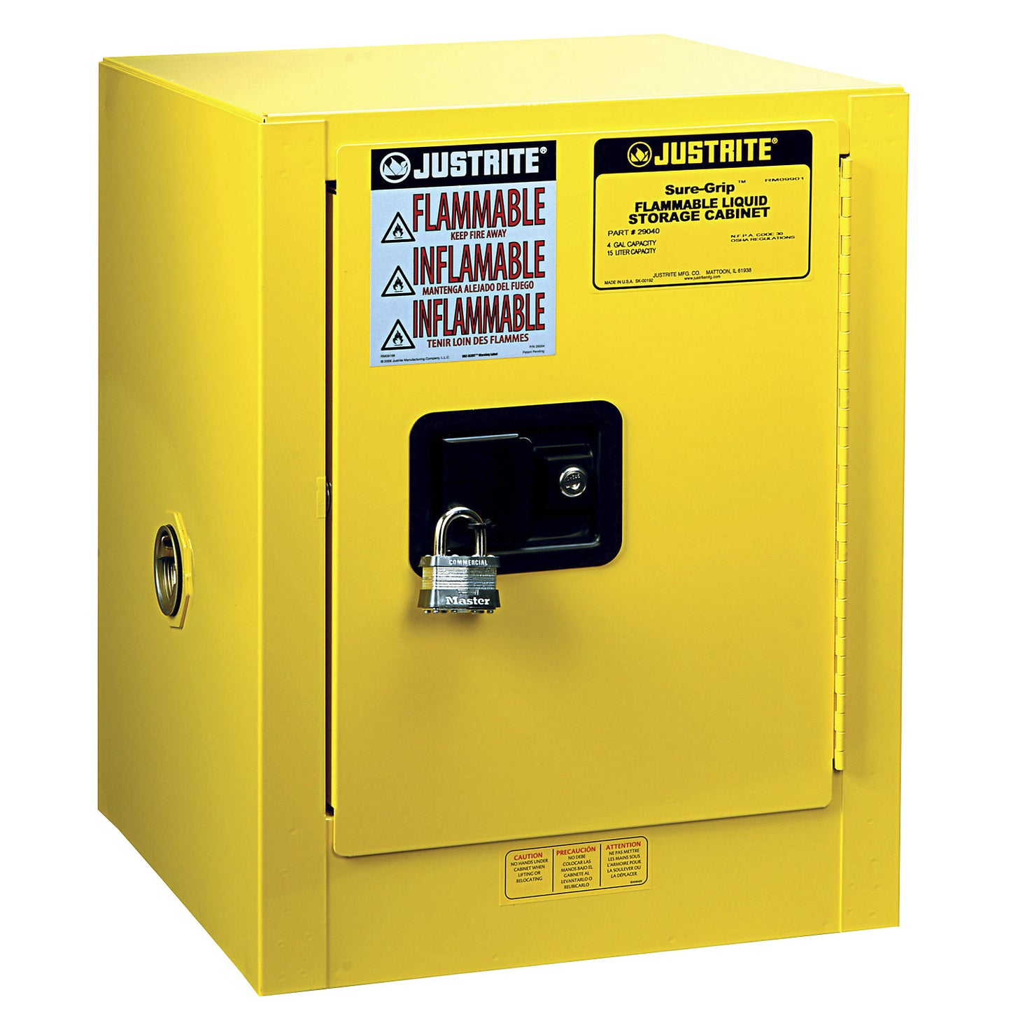 Small FM safety cupboard, table top cupboard, single door, manual doors, yellow.