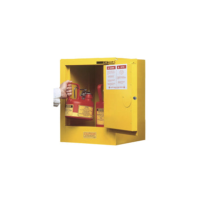 Small FM safety cupboard, table top cupboard, single door, self-closing, yellow.