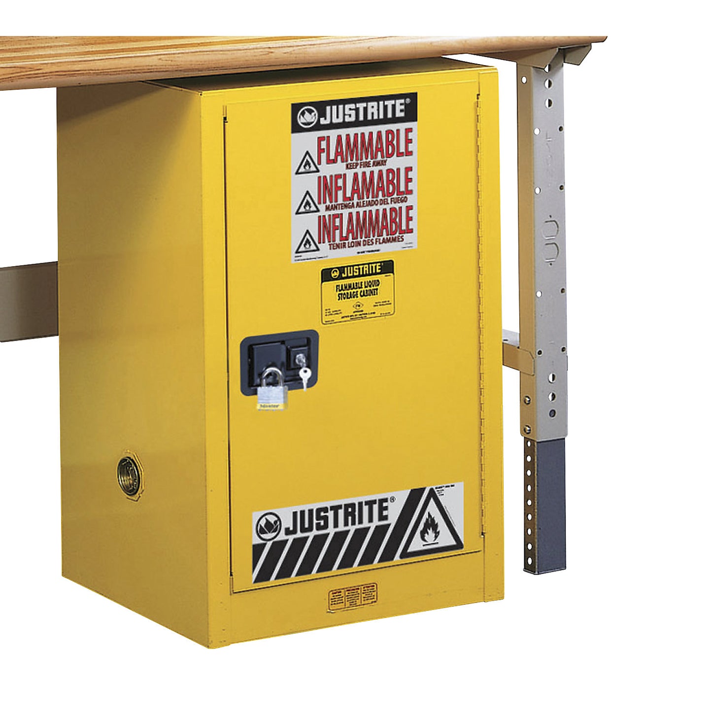 Small FM safety cupboard, base cupboard, single door, self-closing, yellow.