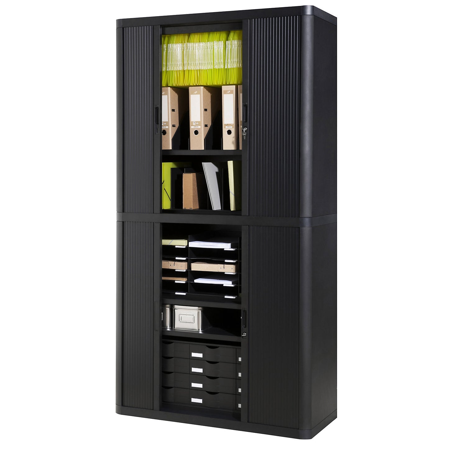 easyOffice® roller shutter cupboard, 4 shelves, height 2040 mm, black / black.