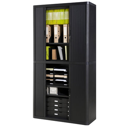 easyOffice® roller shutter cupboard, 4 shelves, height 2040 mm, black / black.