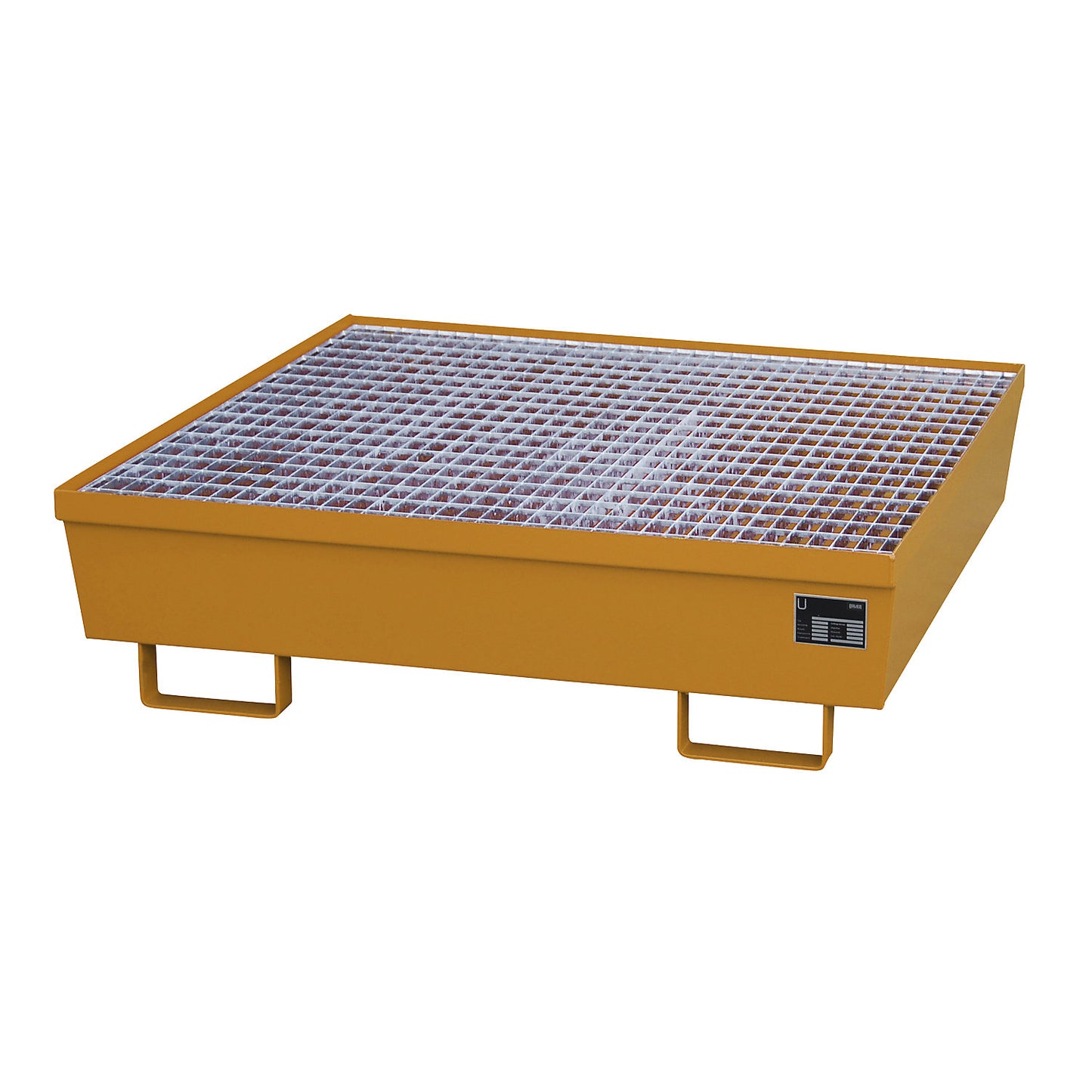 Steel sump tray with edge profiles, for 4 x 200 l drums, LxW 1200 x 1200 mm, orange RAL 2000.