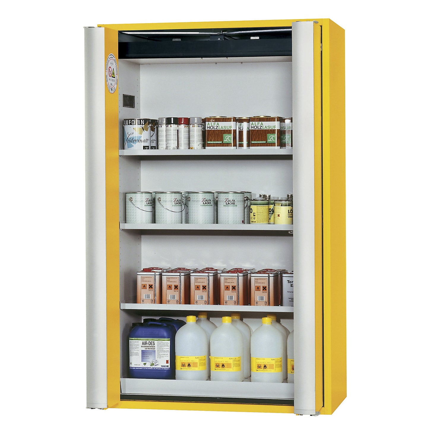 Fire resistant cupboard with folding doors for hazardous goods type 90, semi-automatic, with 3 shelves, gold yellow.