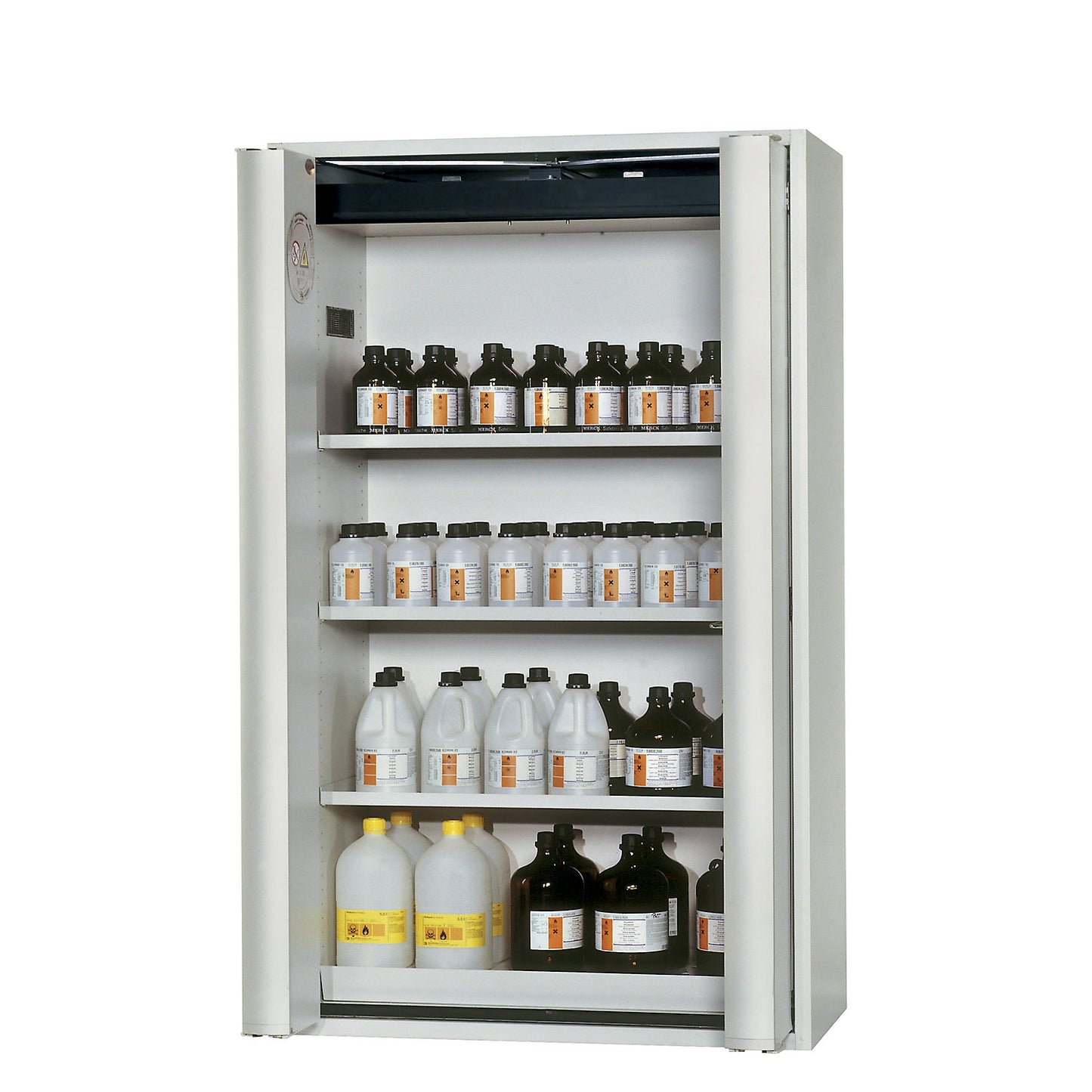 Fire resistant cupboard with folding doors for hazardous goods type 90, semi-automatic, with 3 shelves, light grey.