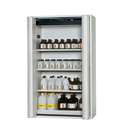 Fire resistant cupboard with folding doors for hazardous goods type 90, semi-automatic, with 3 shelves, light grey.
