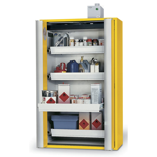 Fire resistant cupboard with folding doors for hazardous goods type 90, semi-automatic, with 4 drawers, gold yellow.