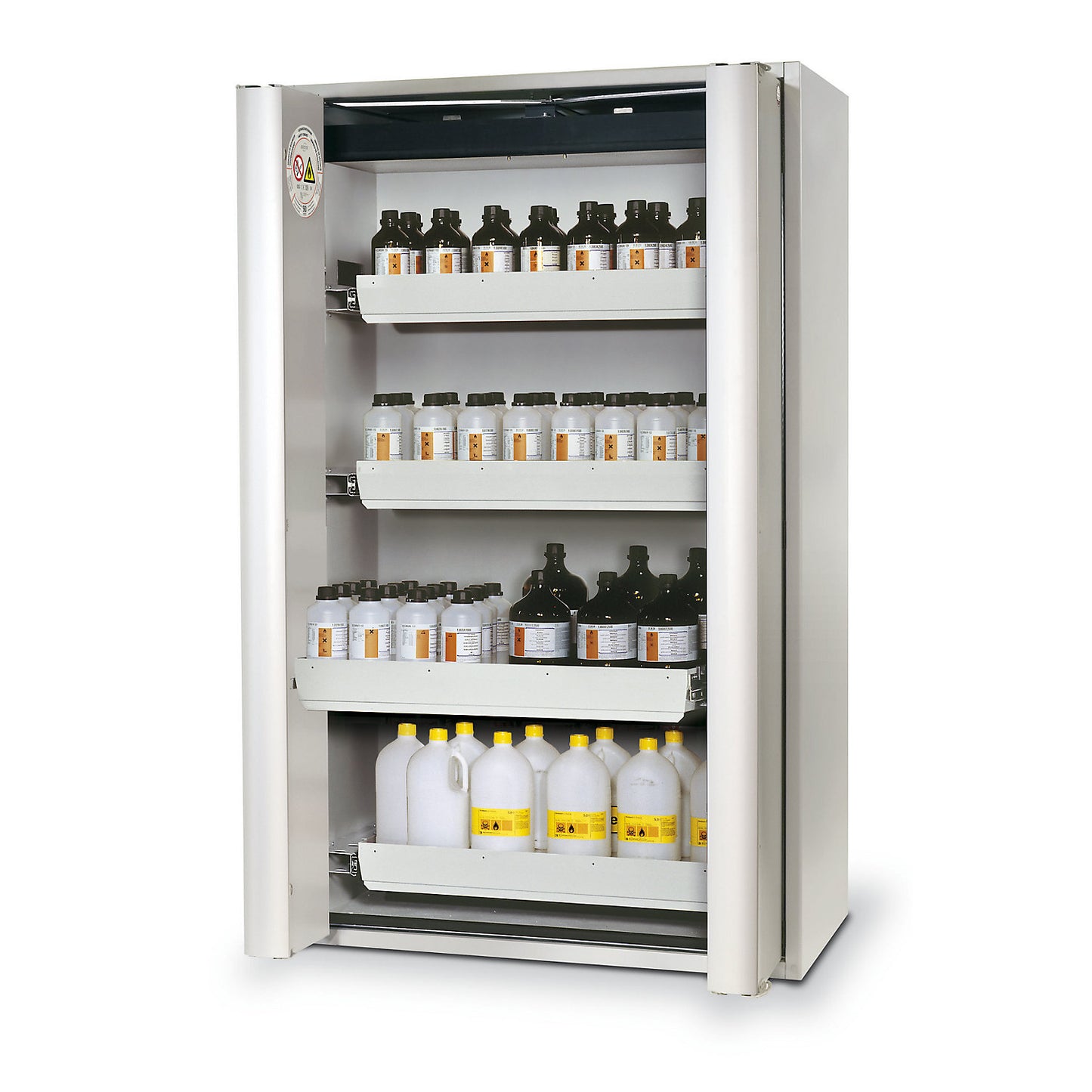 Fire resistant cupboard with folding doors for hazardous goods type 90, semi-automatic, with 4 drawers, light grey.