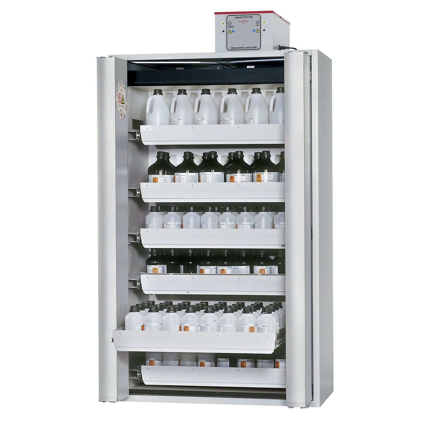 Fire resistant cupboard with folding doors for hazardous goods type 90, semi-automatic, with 6 drawers, light grey.
