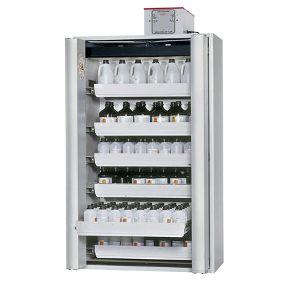 Fire resistant cupboard with folding doors for hazardous goods type 90, semi-automatic, with 6 drawers, light grey.