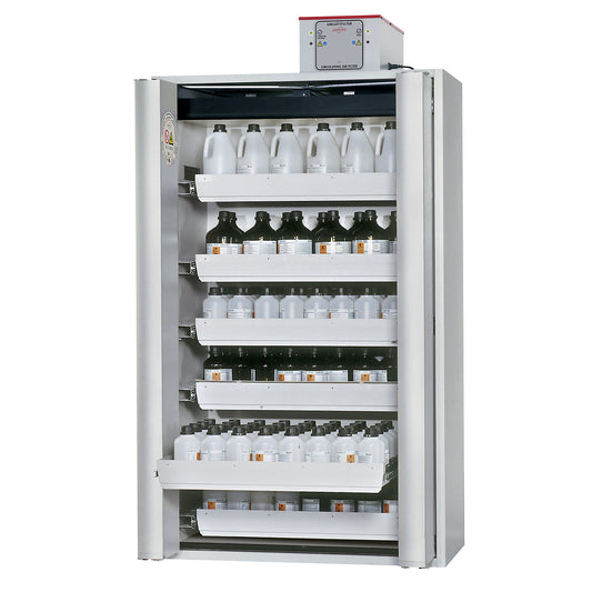 Fire resistant cupboard with folding doors for hazardous goods type 90, semi-automatic, with 6 drawers, light grey.