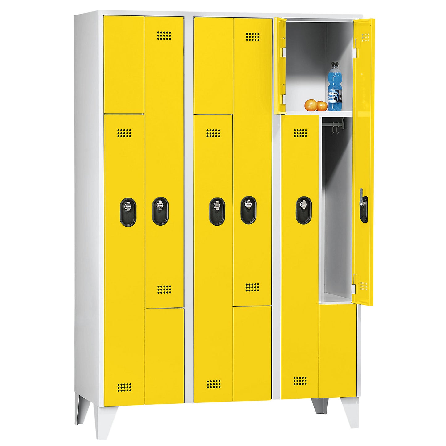 Köln Z locker, 3 compartments, W 1200 mm, body / door colour light grey / zinc yellow.
