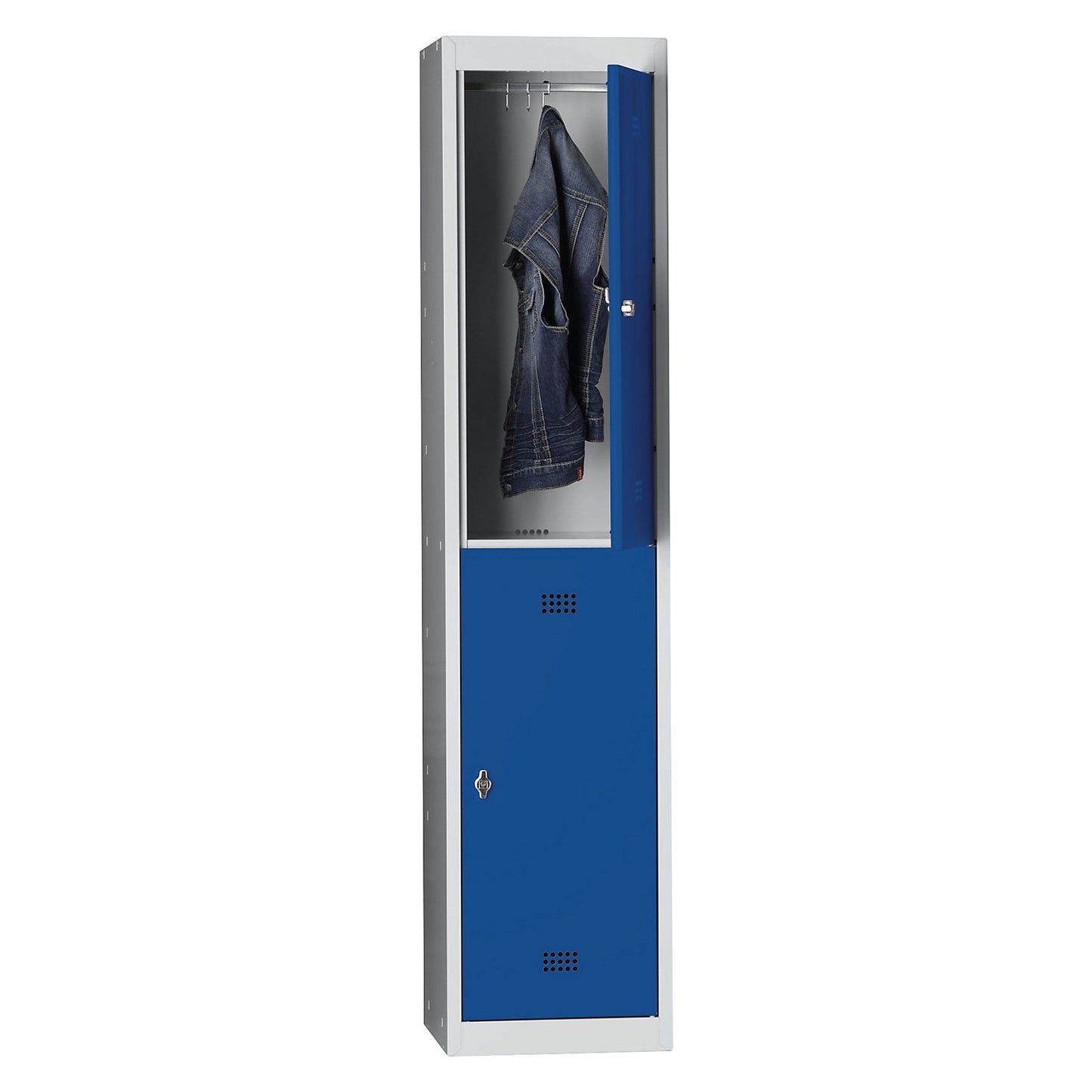 Hamburg double deck clothes locker, 1 compartment, width 400 mm, standard unit, light grey / gentian blue.