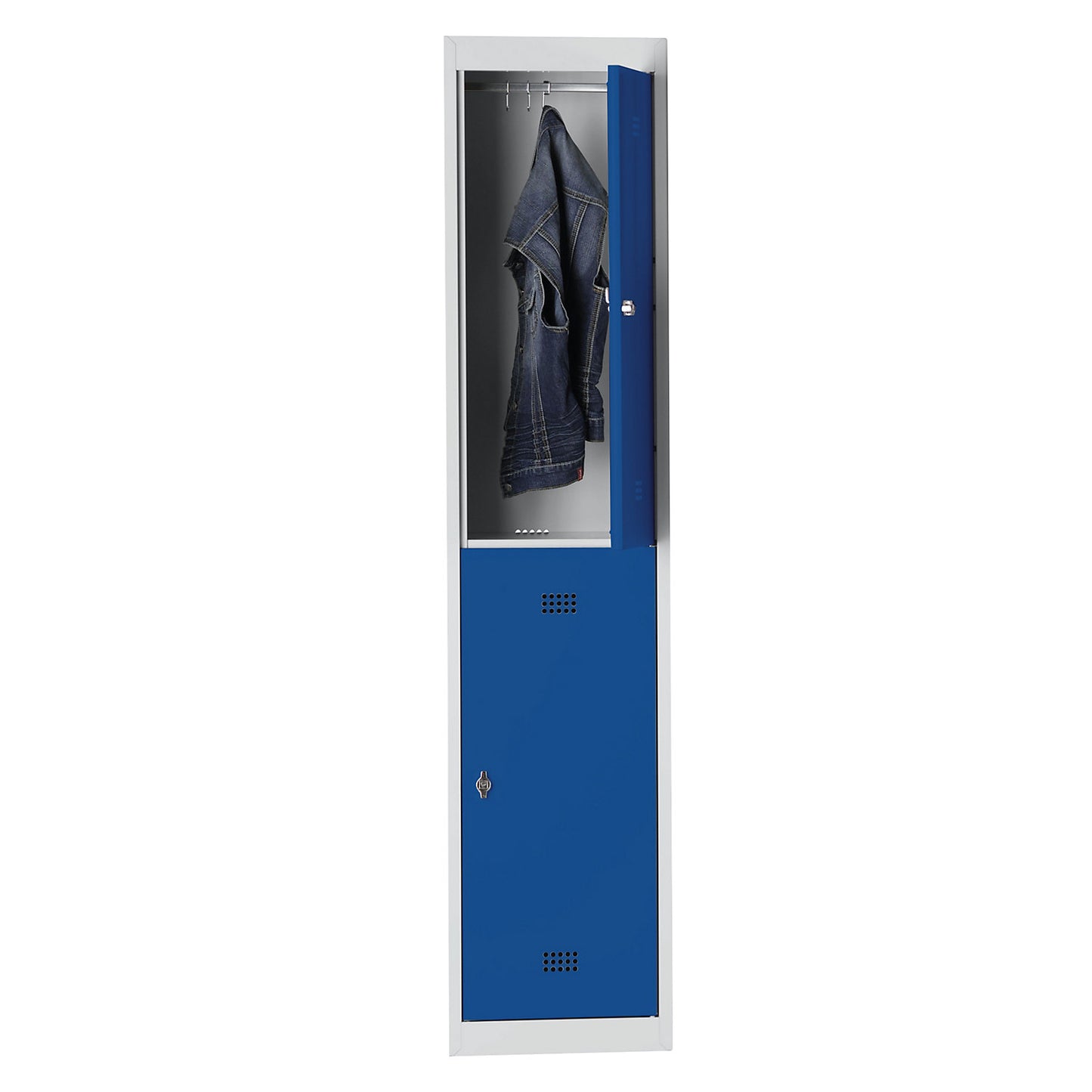 Hamburg double deck clothes locker, 1 compartment, width 400 mm, extension unit, light grey / gentian blue.