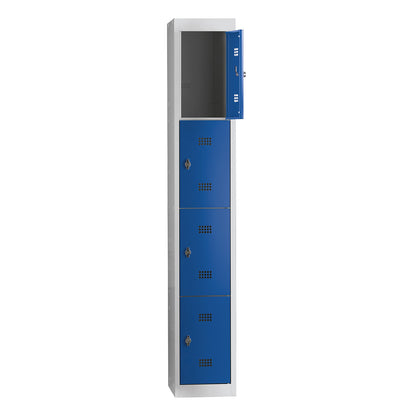 Hamburg 4-fold compartment locker, 1 compartment, 4 compartments, height 410 mm, width 300 mm, standard unit, light grey / gentian blue.