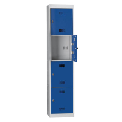 Hamburg 4-fold compartment locker, 1 compartment, 4 compartments, height 410 mm, width 400 mm, standard unit, light grey / gentian blue.