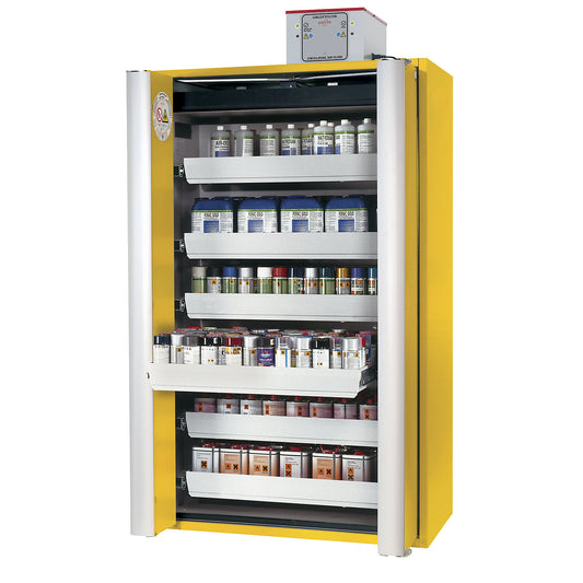 Fire resistant cupboard with folding doors for hazardous goods type 90, semi-automatic, with 6 drawers, gold yellow.