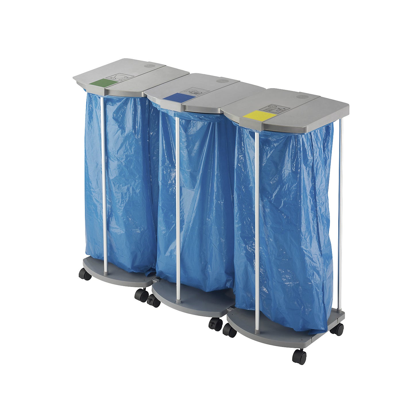 Waste sack stand with 250 blue recycling sacks, ProfiLine MSS XXXL, 3 x 120 l, HxWxD 1000 x 1330 x 450 mm, mobile.