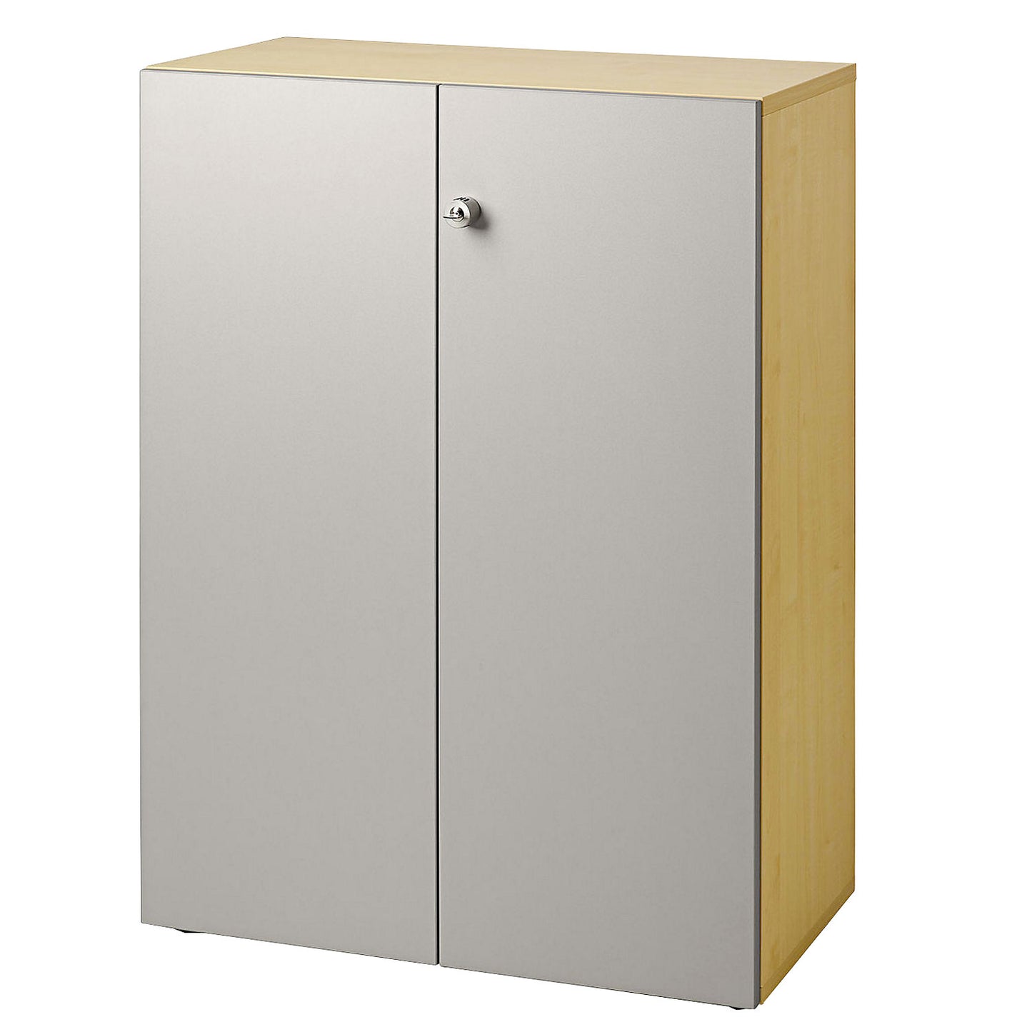 Filing cupboard, hinged doors, 2 shelves, maple finish / aluminium silver.