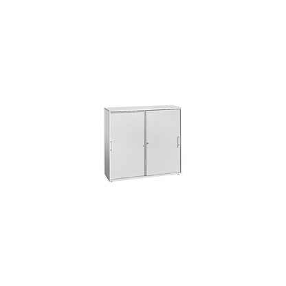 Sliding door cupboard, each with 2 shelves and 1 partition, HxWxD 1100 x 1200 x 400 mm, white.