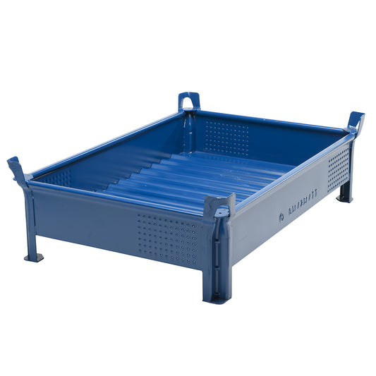 Sheet steel stacking container, low profile design, solid walls, WxL 1000 x 1200 mm, max. load 2000 kg, blue, 1+ items.