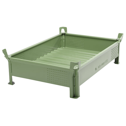 Sheet steel stacking container, low profile design, solid walls, WxL 800 x 1200 mm, max. load 2000 kg, green, 1+ items.