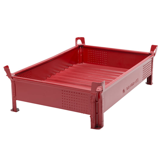 Sheet steel stacking container, low profile design, solid walls, WxL 800 x 1200 mm, max. load 2000 kg, red, 1+ items.