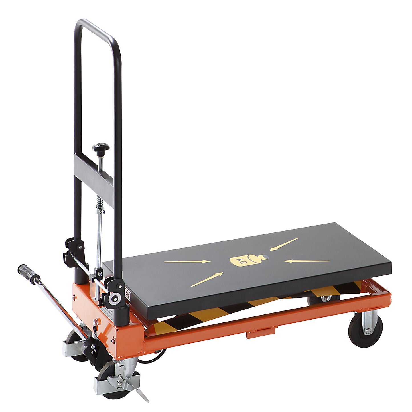 Scissor lift platform truck, max. load 150 kg, lift per pedal stroke 40 mm.