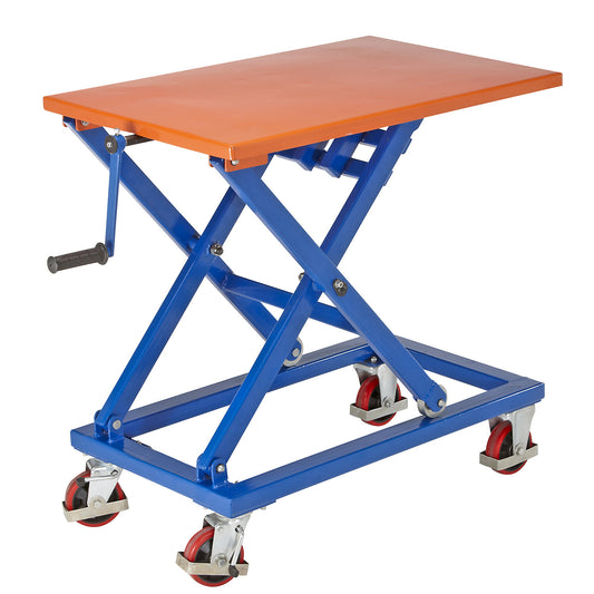 Telescopic lift platform truck, frame in signal blue, platform LxW 950 x 600 mm.
