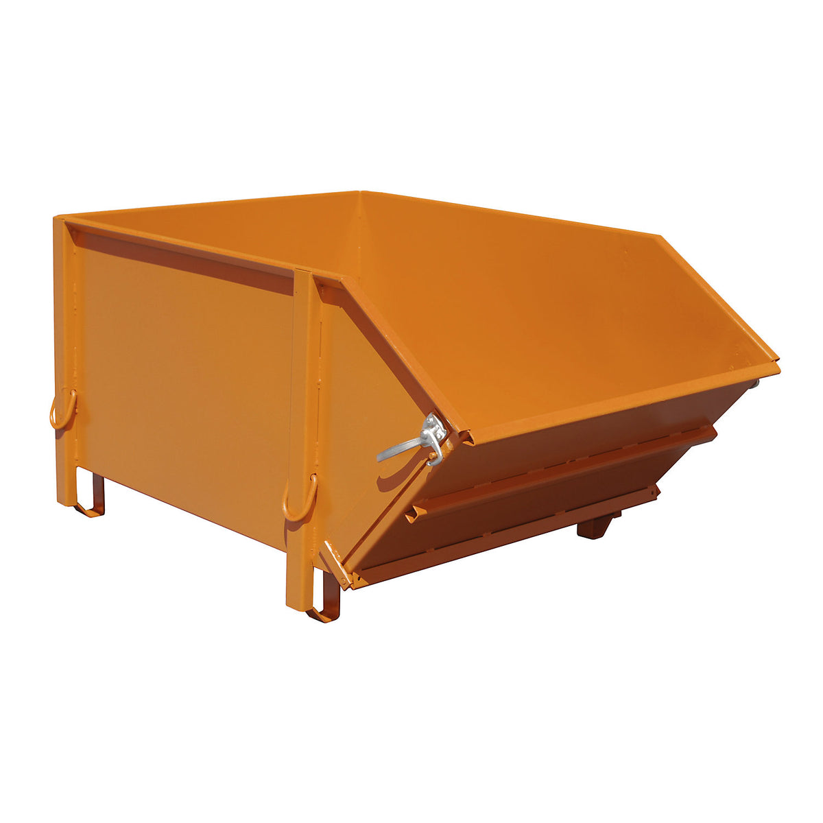 Sheet steel container, capacity 1 m³, with folding chute, yellow orange.