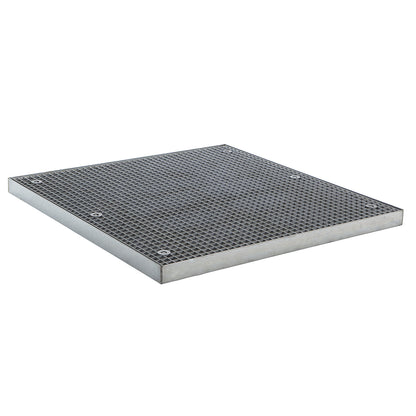 Low profile steel sump tray, width 1350 mm, length 1350 mm, capacity 82 l.