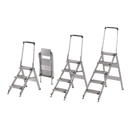 Aluminium folding steps, ribbed aluminium steps, with safety rail, 3 steps.